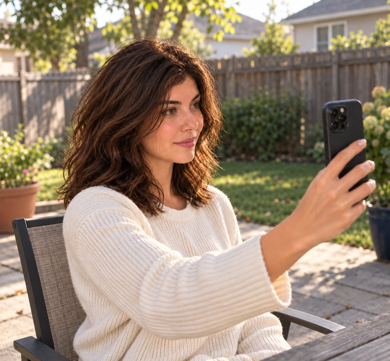 Woman with brown wavy hair taking a selfie outdoors